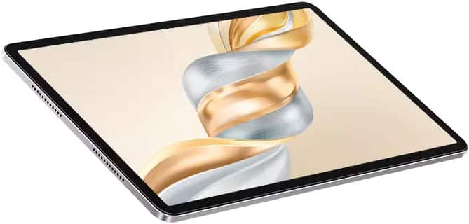 Side view of a slim tablet with a black bezel, displaying a gold and silver ribbon design on a light background.