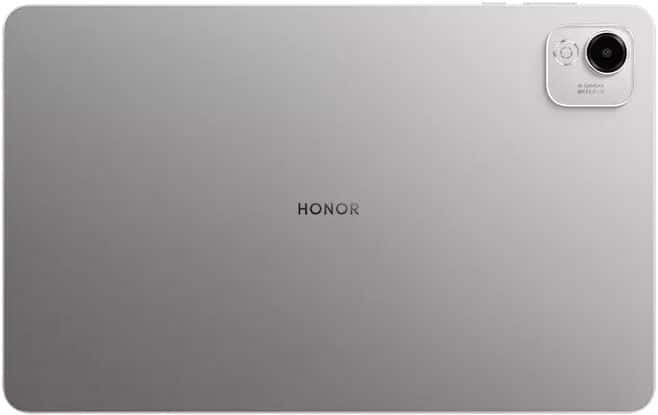Rear view of silver HONOR tablet with centered logo and single rear camera plus flash located in the top right corner.