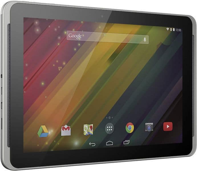 Front view of a black tablet showing colorful diagonal-striped wallpaper and common Google app icons on the home screen.