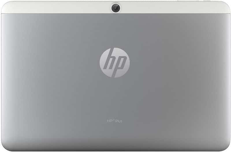 Rear view of silver HP 8 Plus tablet with centered HP logo, top camera in a white strip, and "HP 8 Plus" text near the bottom.