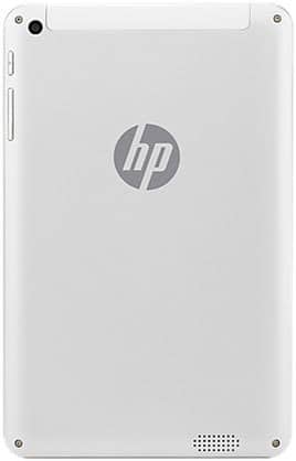 Rear view of silver HP tablet: center logo, top-left camera, lower-right speakers, visible corner screws.