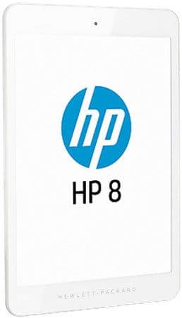 Front view of a white HP 8 tablet with slim bezel, rounded corners, HP logo and "Hewlett-Packard" on the screen and bezel.