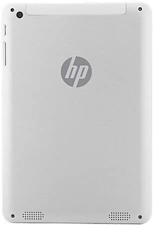 Rear view of silver HP tablet showing centered HP logo, dual bottom speaker grills, and a top-left corner camera lens.