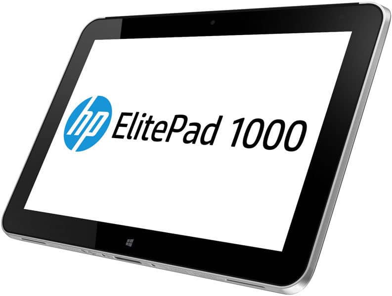 Front angled view of black HP ElitePad 1000 tablet displaying its logo and text on a white screen.