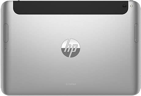 Rear view of HP ElitePad tablet showing silver back, black top strip, centered HP logo, and rounded corners.