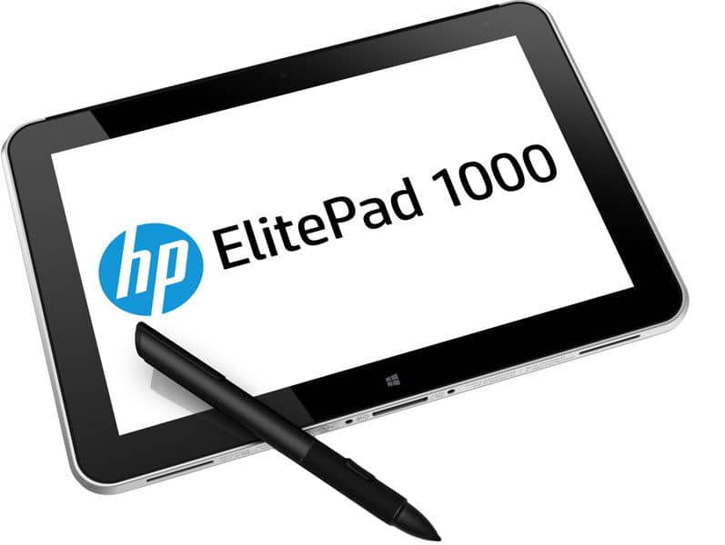 Front view of black HP ElitePad 1000 tablet with stylus on lower edge, screen showing HP logo and "ElitePad 1000" text.