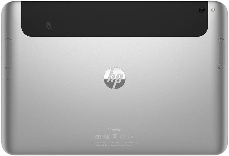 Rear view of HP ElitePad showing silver back, black top section, centered HP logo, and camera lens in the top right corner.