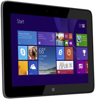 Black tablet angled on white background showing Windows 8 Start screen with colorful live tiles, including weather and Skype.