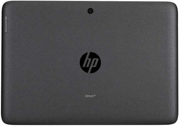 Rear view of black HP Omni 10 tablet showing centered HP logo, top-edge camera, and “Omni 10” branding near the bottom.