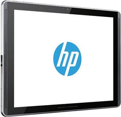 Front view of black HP tablet with logo on screen, thin bezel, metallic edge, shown against a white background.