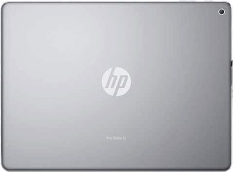 Rear view of silver HP Pro Slate 12 tablet, HP logo centered, branding at the bottom, camera in top right corner.