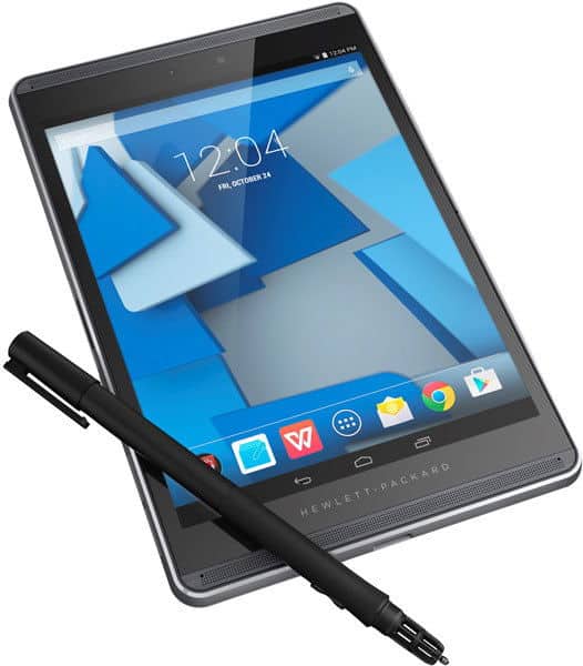 HP tablet (front view) showing home screen with app icons, time, and date; black stylus pen placed beside device.