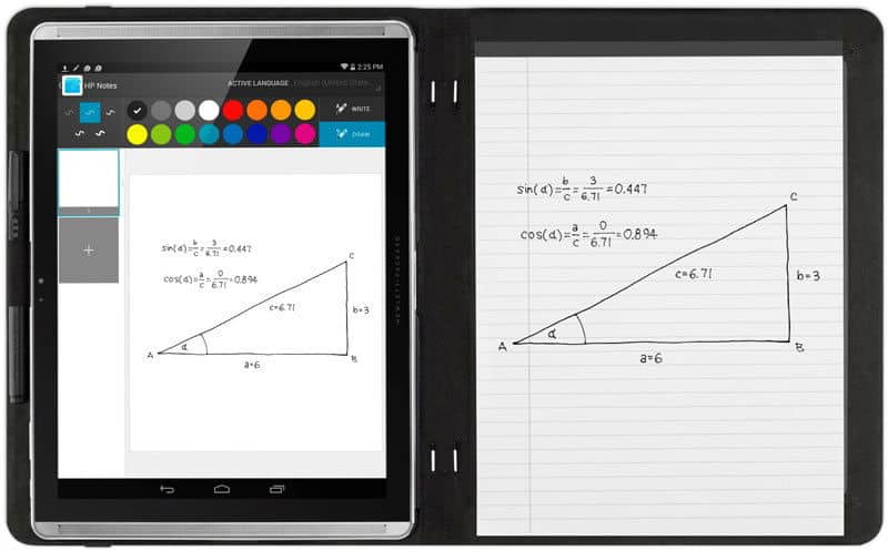Front view: Samsung Galaxy Tab displaying a triangle diagram and color options next to a notebook with trigonometry notes.