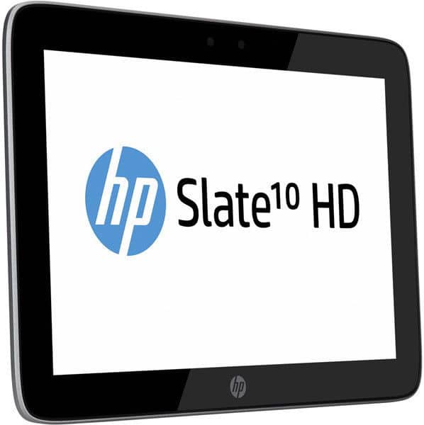 HP Slate10 HD tablet angled front view, showing edges, front camera, and screen with HP logo and "Slate10 HD" text.