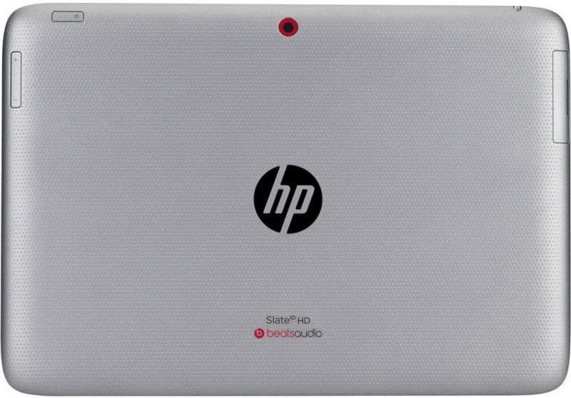 Rear view of HP Slate 7 HD, silver finish, HP logo centered, rear camera top, "Slate7 HD" and "beatsaudio" text at bottom.