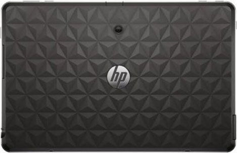 Rear view of an HP tablet featuring a textured geometric design, central rear camera, and HP logo below the lens.