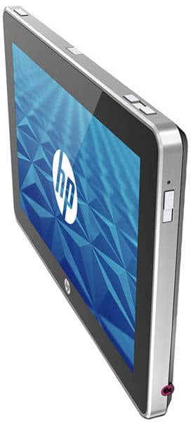 Silver HP tablet, angled front view, showing HP logo on blue patterned screen; side physical buttons are visible.