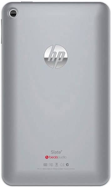 Rear view of HP Slate7 tablet in silver showing HP logo, top-left rear camera, and "Slate7" plus "beatsaudio" branding at bottom.