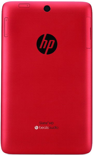 Rear view of red HP Slate 7 HD showing center HP logo, Beats Audio branding near bottom, and camera at top center.