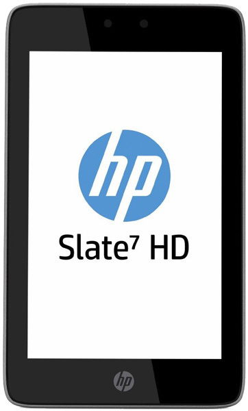 HP Slate7 HD tablet, front view, screen on with blue HP logo and "Slate7 HD" text over a white background.
