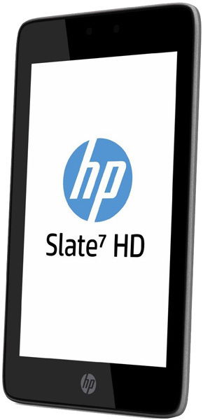 HP Slate7 HD tablet in black, front view at a slight angle, screen shows HP logo and "Slate7 HD" branding.