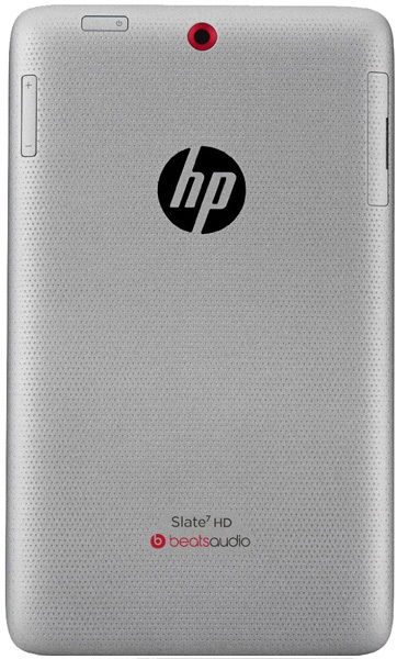 Rear view of HP Slate7 HD tablet in silver with textured finish, centered HP logo, top camera, and Beats Audio branding at bottom.