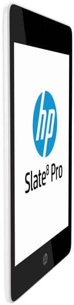 HP Slate 8 Pro tablet in black and white, shown at a slight side angle with screen displaying HP logo and "Slate 8 Pro".