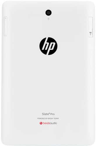 Rear view of white HP Slate Pro shows centered HP logo, top rear camera, and "Slate Pro" with "beatsaudio" text near the bottom.