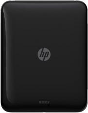 Front view of closed black HP external hard drive, glossy finish, HP logo centered. Model name not specified.