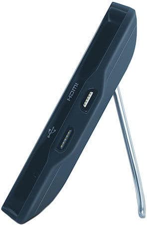 Side view of a black device showing USB and HDMI ports, with rear metal stand extended for support.