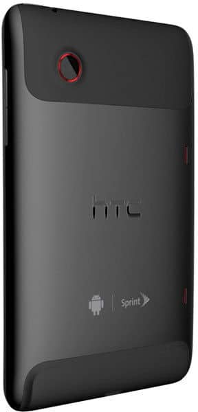 Rear view of matte black HTC tablet; rounded edges, rear camera with red accent, visible HTC, Android, and Sprint logos.