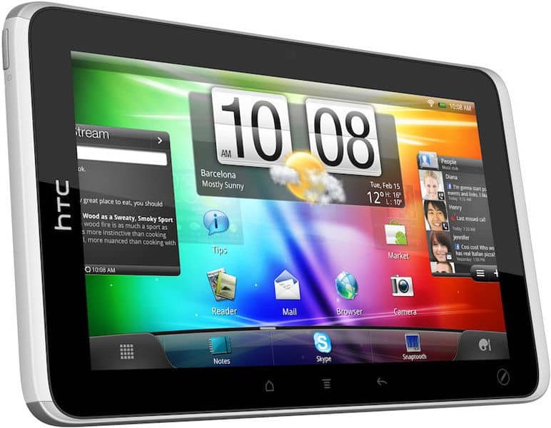 Front view of black Lenovo Tab displaying home screen with colorful wallpaper, clock, weather widget, app icons, and notifications.