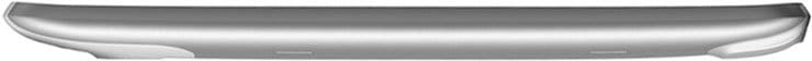 Front view of a silver, smoothly curved car bumper with subtle side indents, resembling the sleek finish of a modern tablet.