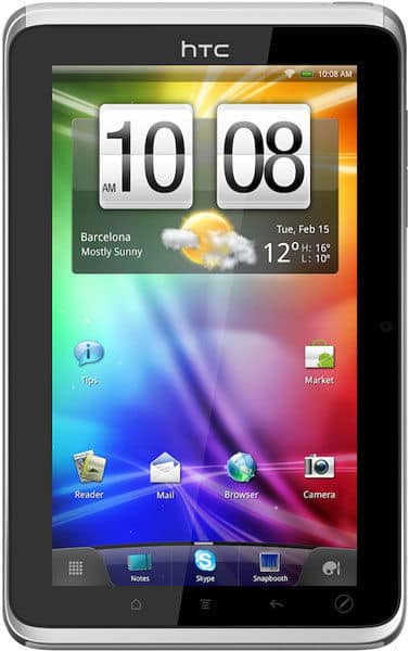 Front view of black HTC tablet displaying rainbow home screen, Barcelona weather widget, and 10:08 AM on February 15.