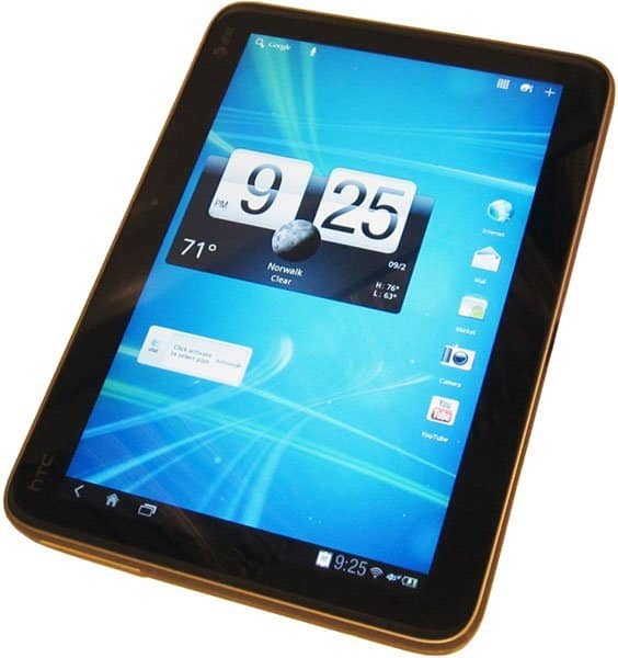 HTC tablet, front angled view; blue home screen with 9:25 time, weather info, Gmail, YouTube, and browser icons visible.