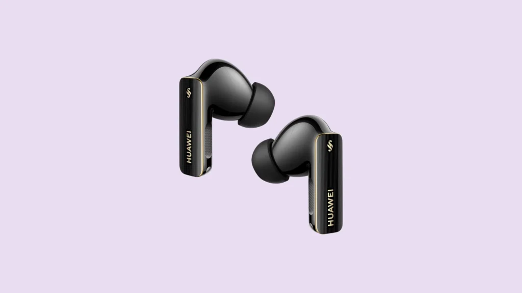Side view of black HUAWEI wireless earbuds with gold accents on a light purple background. Ideal for mobile device use.