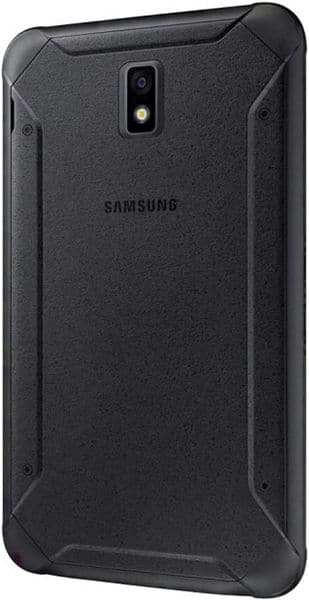 Rear view of black Samsung tablet in rugged case, single camera with flash, rounded corners, centered logo on back panel.