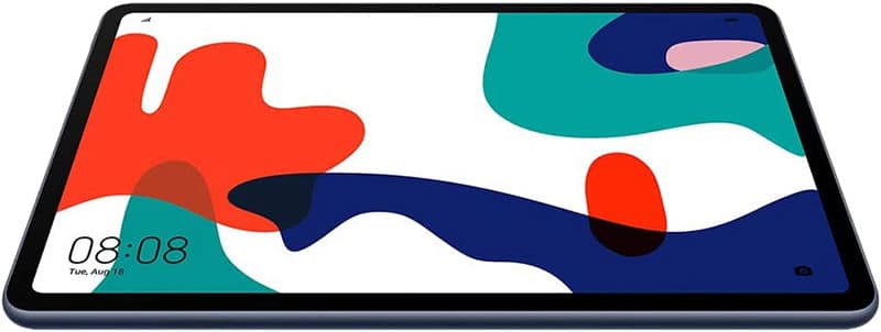 Front view of a tablet displaying a vibrant abstract wallpaper, time 08:08, and date Tuesday, August 18 in the corner.