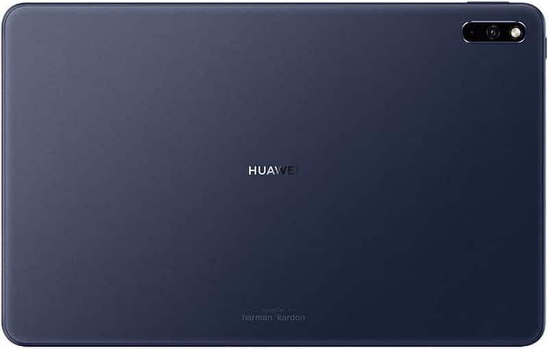 Rear view of dark blue Huawei tablet with centered logo and top right rear camera plus flash. Model unspecified.