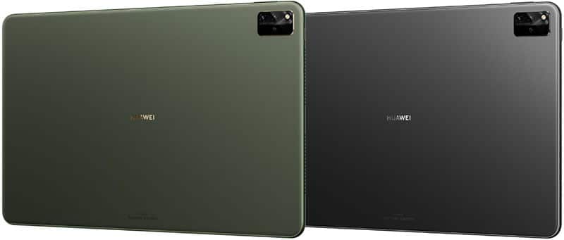 Rear view of two Huawei tablets, green and black, with top-left rectangular cameras and centered HUAWEI branding.