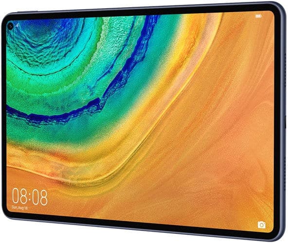 Front view of a thin black Huawei tablet showing abstract wallpaper, time 08:08, date Sunday, August 18, camera icon lower right.