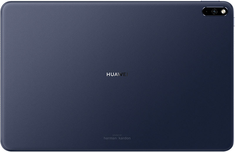Huawei tablet rear view in dark blue, dual cameras top right, centered Huawei logo, Harman Kardon branding at bottom.