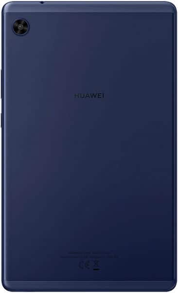 Huawei tablet rear view, dark blue color, rear camera at top left corner, Huawei logo centered on the back.