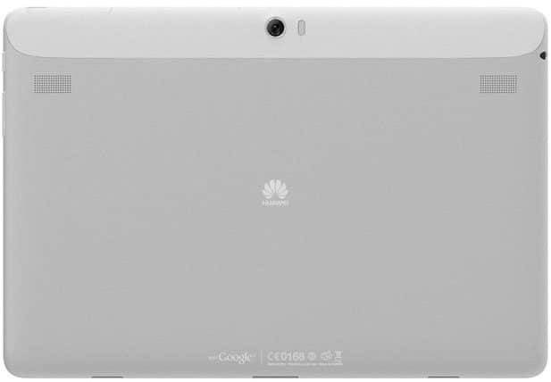 Rear view of silver Huawei tablet with top-center camera, side speaker grilles, central logo, and regulatory info at bottom.