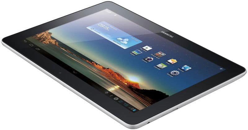Huawei tablet, angled front view, shows home screen with app icons, weather widget, digital clock; silver edge and glossy display.