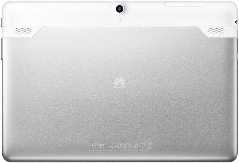 Rear view of silver Huawei tablet shows top-center camera, side speaker grilles, and centered Huawei logo. Model unspecified.