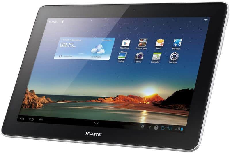 Front view of Huawei tablet showing home screen with app icons and beach background; time displayed is 2:15.