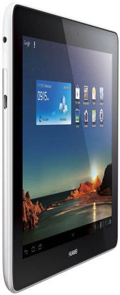 Huawei tablet, black and silver, front angled view showing screen with app icons, beach sunset wallpaper, and 09:15 time widget.