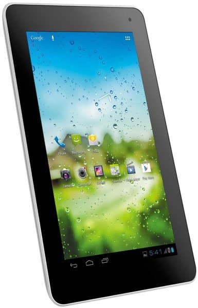 Black tablet, front angled view, screen on with colorful home screen, app icons, and water droplets wallpaper on green background.