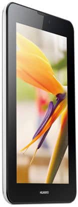 Huawei tablet, angled front view, black finish with a vivid bird of paradise flower displayed on the screen.